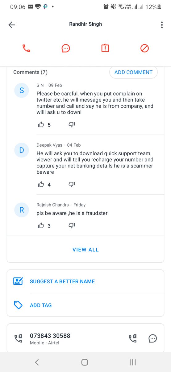Trupil's tweet photo. @ViCustomerCare @doctornicare @TRAI Here is the screenshot of how Randhir Singh - vodafone customer care executive treat other vodafone customers.. his number is +917384330588. 
Also, my issue is not resolved by vodafone yet. #FailVodadone https://t.co/WyaoD0qxOA