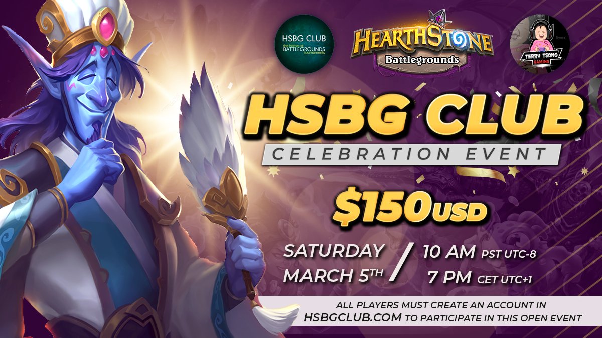 HSBGCLUB.com can now host open community events. To celebrate it we are hosting an open event on March 5th! Capped at 128 players. Come and check it out. $150 in prizes come for the free money.