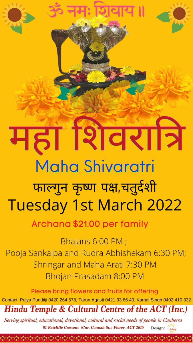 hindutemple's tweet photo. Maha Shivratree Puja 6-8pm Tue 1 March

Devotees are invited to participate in Maha Shivratree puja-archana from 6 pm to 9 pm, followed by Rudra Abhishekam, Aarati and Bhojan-prasadam.

We request devotees to not bring bottles of milk to offer for the Abhishekam. https://t.co/gDVeYFI5fq