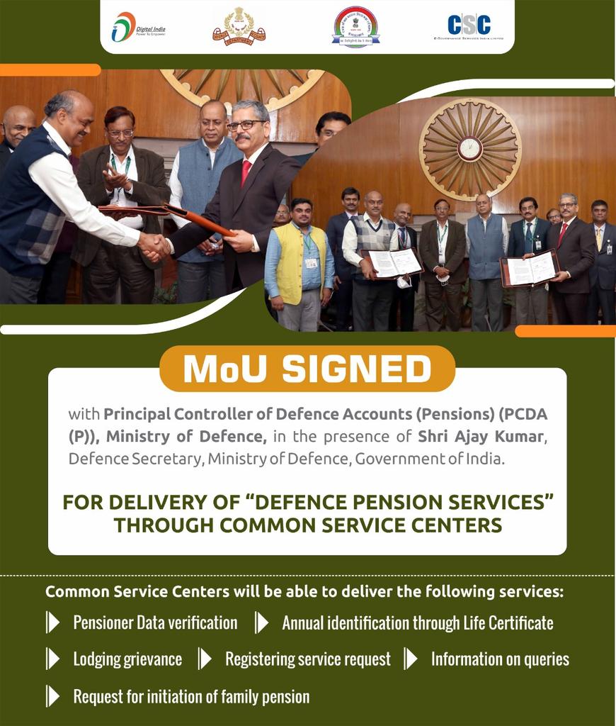 Agreement signed with @cgdaoffice . Now all #VLES can serve retired defence staff free of cost. Service Charges will be paid by CGDA office centrally.
<a href="/CSCegov_/">CSCeGov</a> <a href="/indianarmyfb/">Indian Army</a> <a href="/DefenceMinIndia/">रक्षा मंत्री कार्यालय/ RMO India</a> <a href="/GoI_MeitY/">Ministry of Electronics & IT</a> <a href="/Tri_Service/">Indian Armed Forces</a> <a href="/Bharatiya_Sena/">Indian Armed Forces</a> 
#indianarmedforces