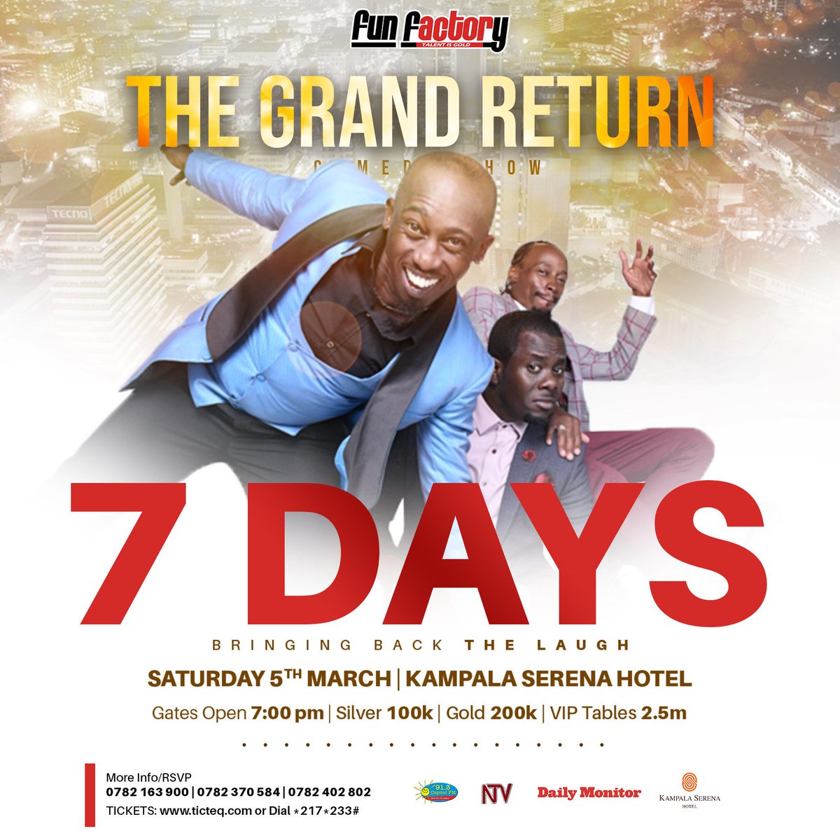 RichardTuwangye's tweet photo. There is a special ticket for @Arsenal fans. 
It's called an Early Bird ticket at 80k😊😆...just to teach you how to not wait for the last Minute to win. That doesn't always work. 
#TheGrandReturn  #sat5thmarch 
#SerenaHotel  #BringingBackTheLaugh https://t.co/10V2JPRZCm