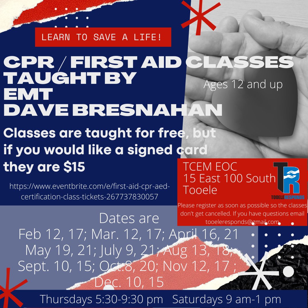 Great opportunities fo you and your loved ones to learn CPR and First Aid and Save a life. The class is free unless you want a card. Here is the link to sign up. The dates are below.eventbrite.com/e/first-aid-cp…
