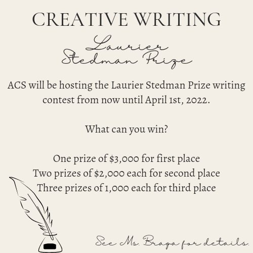 ACS_LEAP (@acsleap) on Twitter photo ACS, it's time for some creativity, imagination, and friendly competition. We are hosting the Laurier Stedman Prize writing contest from now until April 1st, 2022. If interested, see details below. Ready. Set. Write.
<a href="/assumptionlion/">Assumption CS</a> #writing #LEAP #beyourself ACS, it's time for some creativity, imagination, and friendly competition. We are hosting the Laurier Stedman Prize writing contest from now until April 1st, 2022. If interested, see details below. Ready. Set. Write.
<a href="/assumptionlion/">Assumption CS</a> #writing #LEAP #beyourself