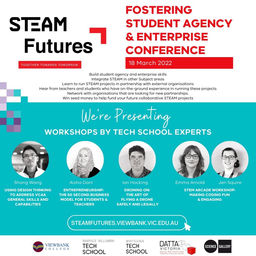 Join Tech Schools experts and learn Human-centred Design, The Art of Flying a Drone, STEM Arcade and Entrepreneurship. Ideal for teachers and students.

Book here: steamfutures.viewbank.vic.edu.au

@LeahHeis #STEM #studentstartup #designthinking #WhittleseaTS #BNTS <a href="/aishadani/">aisha</a> @shangwang