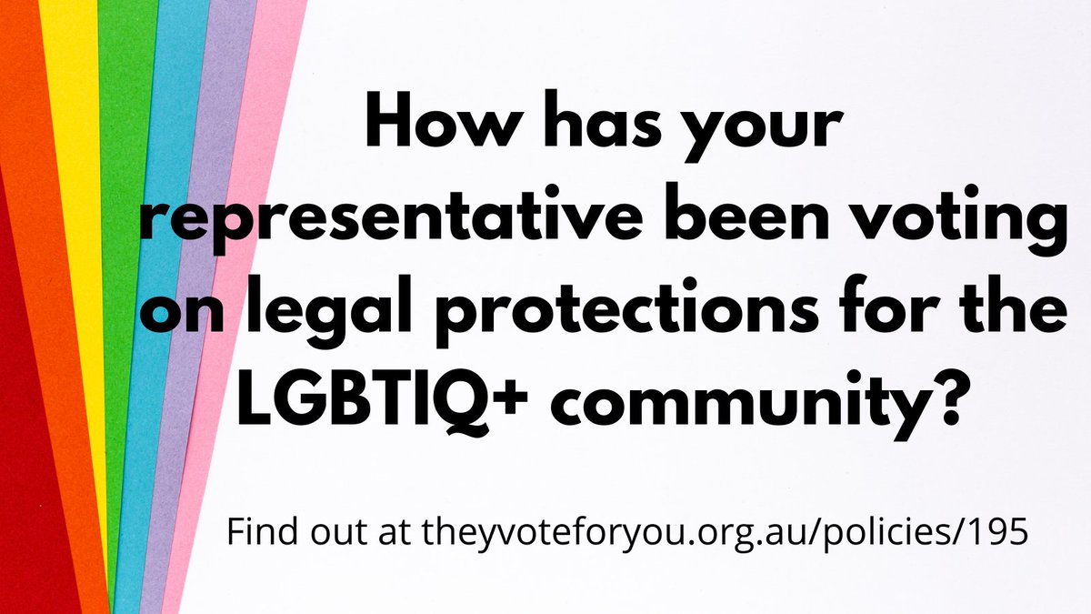 TheyVote4You's tweet photo. How has your representative been voting on legal protections for the LGBTIQ+ community?

Find out at https://t.co/dEbX0X6pqW

#auspol https://t.co/ZjeeCnHrd0