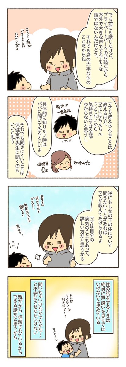 小1息子の性教育(1/2)
去年描いたやつだから絵が違う〜😳
(ちなみに父親は元父親です)
#漫画が読めるハッシュタグ 
#育児絵日記 