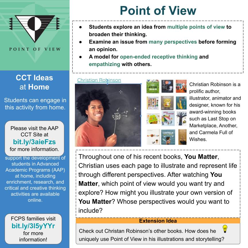 Watch Christian Robinson read aloud his book You Matter youtube.com/watch?v=ltOaIs…. Christian uses each page to illustrate &amp; represent life through different perspectives. Which point of view do you want to explore in this book? What or whose perspective would you want to include ?