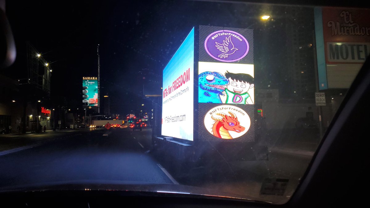 Congratulations to the billboard on las vegas strip featuring <a href="/BigDeebook/">🦖BigDeebook.eth/.tez🦖</a> &amp; @dragonforge_nft &amp; @nftsforfreedom . More to come. Keep up the great work!! #nftsforfreedom #NFTCommunity #NFTartists