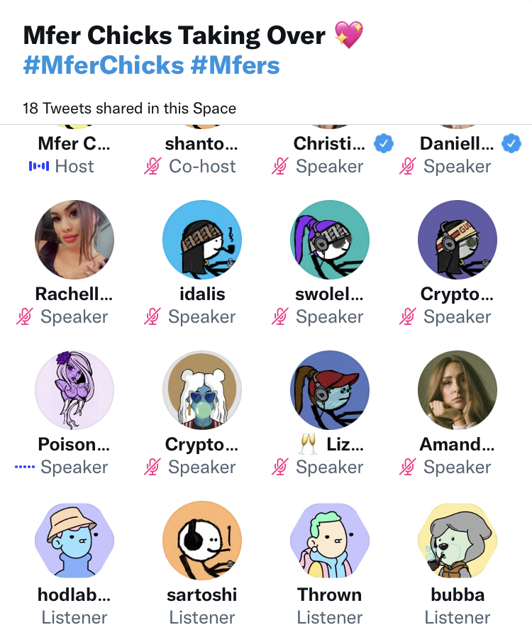 Kool to see <a href="/sartoshi_nft/">@sartoshi_nft</a> in the #MferChicks space. #NFTCommunity seems to be the most tightly knit community.