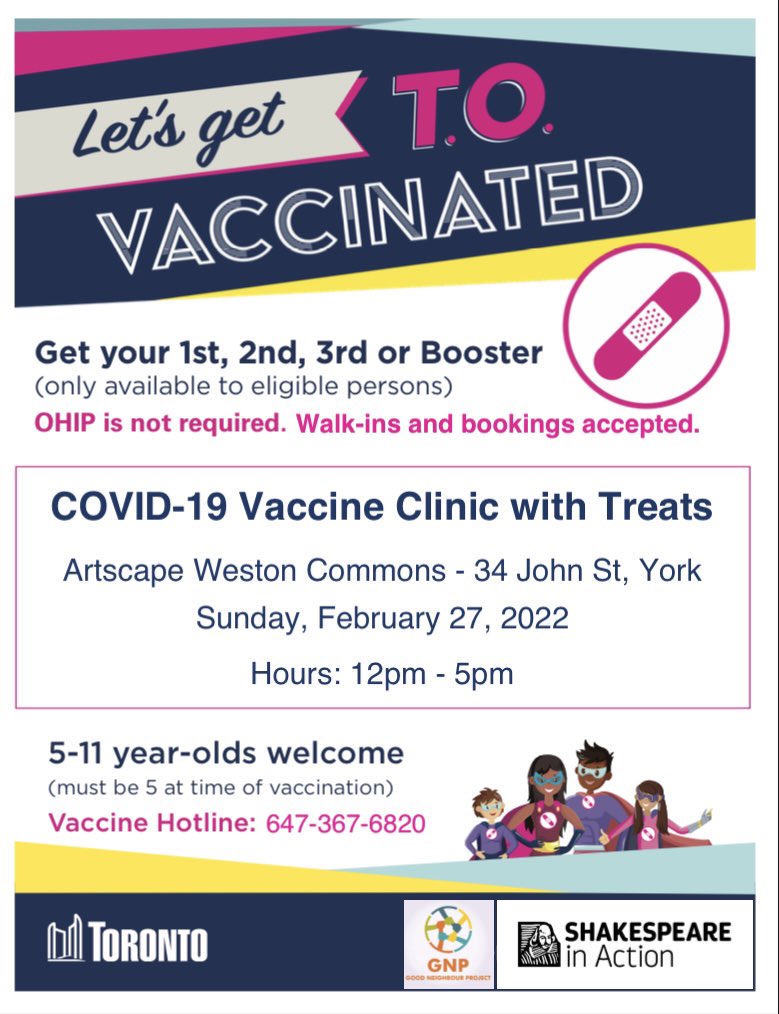 YWPVaccine's tweet photo. @yorkfairbankcs is hosting a vaccine clinic Friday  and Sunday from 10:00-4:40!  #LetsGetTOVaccinated #TorontoTogether #ywpletsgetvaccinated #CanadaTogether #TorontoStrong #CanadaStrong #covid19 #boosterbox #the6ix #toronto #ontario #canada #omicron #booster https://t.co/p9RHDzGU24
