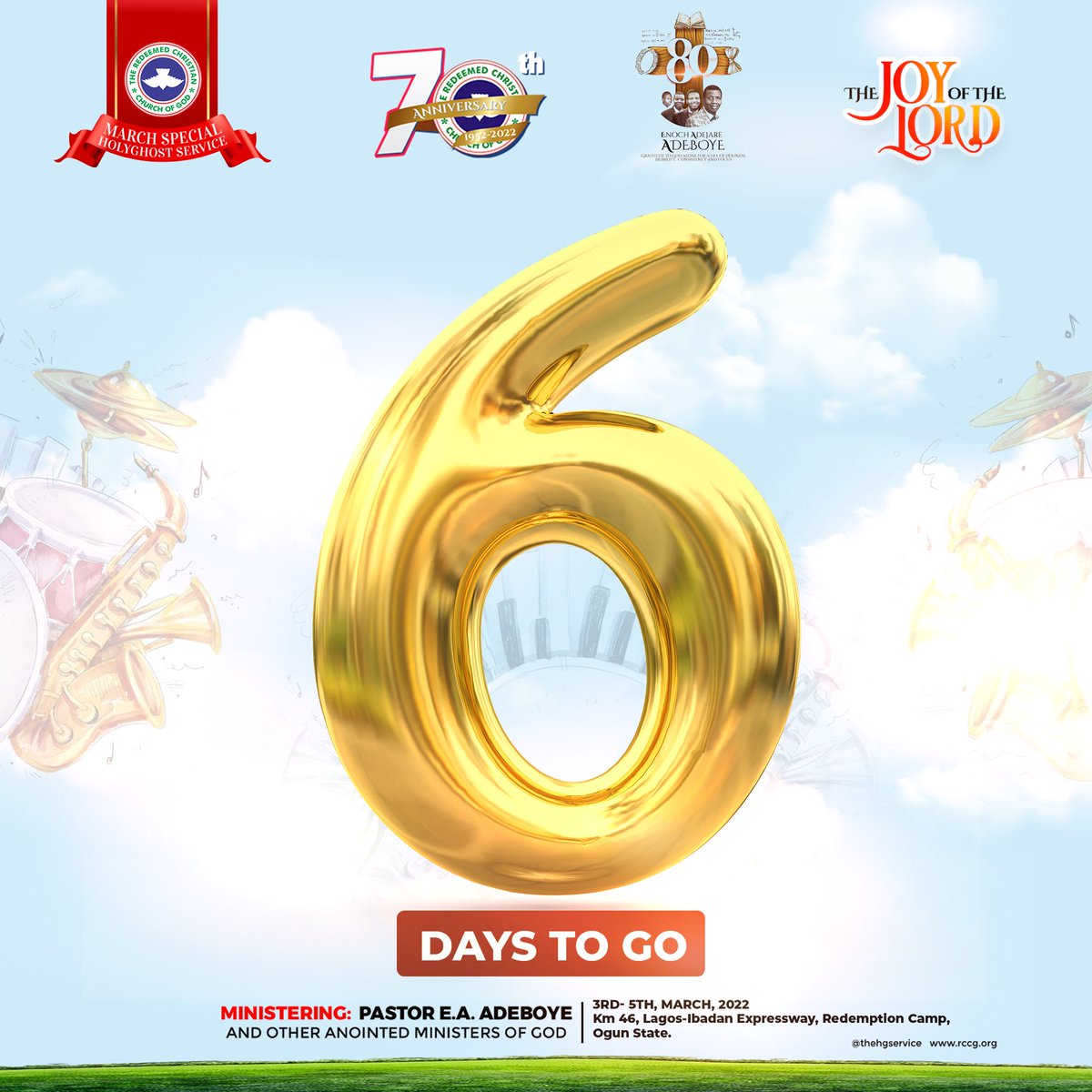 TheHGService's tweet photo. It’s 6 days to go!

God is turning your mourning into dancing and your sorrow into joy in Jesus Name.

#thejoyofthelord #eaa80 #rccgat70 https://t.co/lP8t4qiUbh