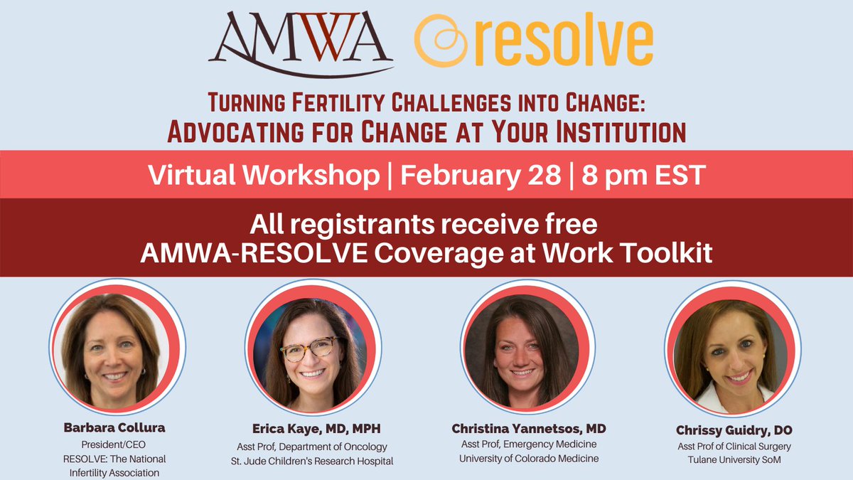 AMWADoctors's tweet photo. Physician #infertility is a big challenge. If you've experienced infertility, are planning a family, or lead young professionals who may, please join us - we need all hands on deck! Register to join live or receive recording &amp; kit: https://t.co/rP7iyIXXde #WomenInMedicine https://t.co/sLFIGEZNq5