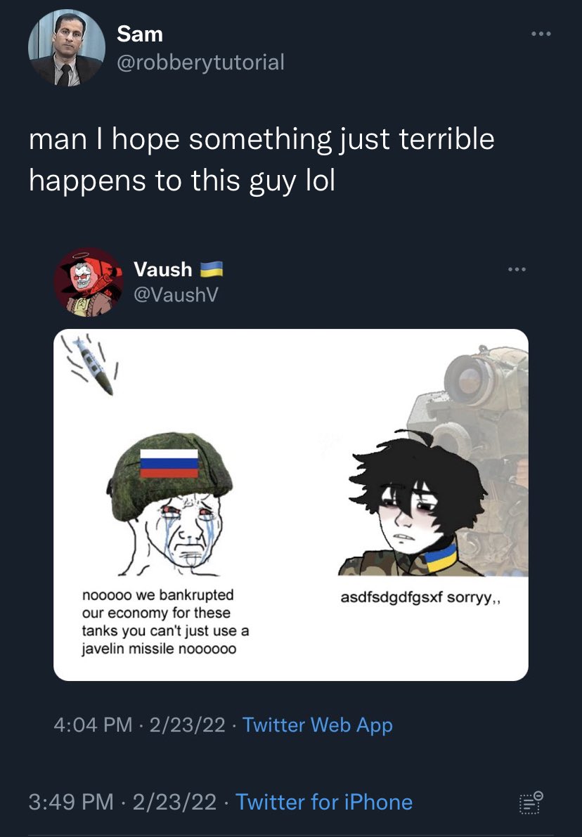 VaushV's tweet photo. My heartfelt apologies to this guy and everyone else who has lost tanks to javelin missile strikes from they/them Ukrainian defensive personnel 💙💛 https://t.co/CmXFr1xjl7