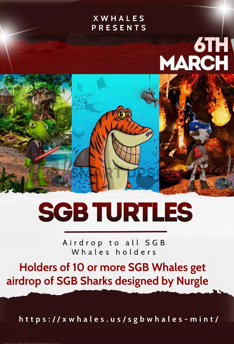 DukeOfAirdrop's tweet photo. 🎁#Giveaway🎁
🐳 4 winners | 0.25 #XWhales each
👍 Like, RT & Tag 3 friends
48hrs
Get 1:1 #SGBTurtles #Airdrop by minting SGB Whales >https://t.co/2wVxcrD1T4
#Snapshot on 6th March
Holding 10 or more #SGB Whales gets you a special airdrop of SGB Sharks Designed by @Nurglecorp https://t.co/UrGeZXswNh