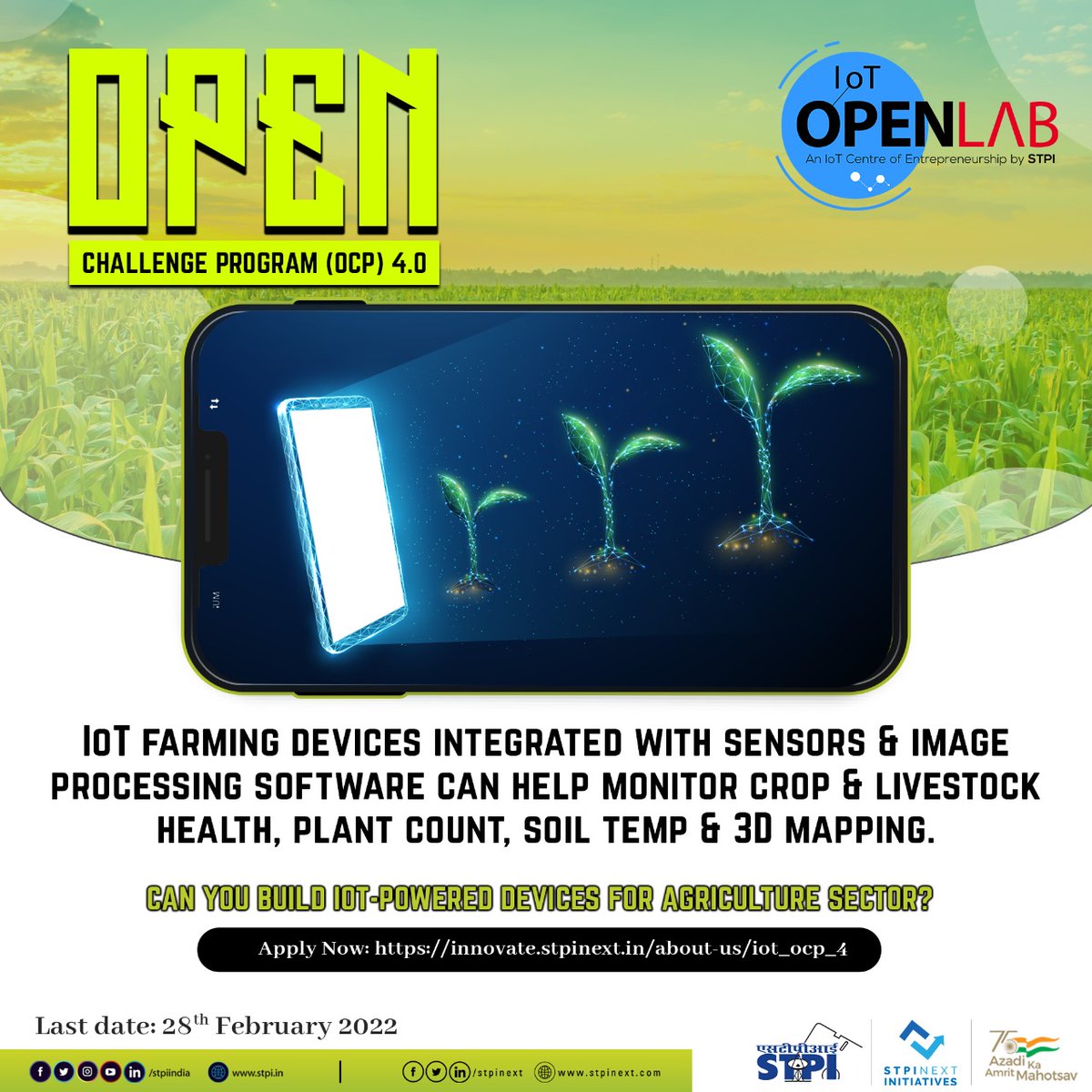 stpiindia's tweet image. Can you build IoT-powered devices for agriculture sector to monitor crop &amp;amp; livestock health, plant count &amp;amp; soil temp? Join #OCP4.0 of #STPIIoTOpenLab to translate your unique ideas into smart #IoT agri products. Apply: innovate.stpinext.in/about-us/iot_o… #STPICoEs #STPIINDIA @AjaySawhney15