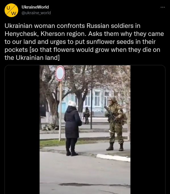electmikeingram's tweet photo. This is the most fucking METAL thing I've ever seen.

Not sure how perfect the translation is, but apparently this #LEGEND is telling Russian soldiers to carry sunflower seeds so their corpses will grow something. 👀👀👀💀

#Ukraine #russianinvasion #UkraineInvasion https://t.co/bBgYMfirKP