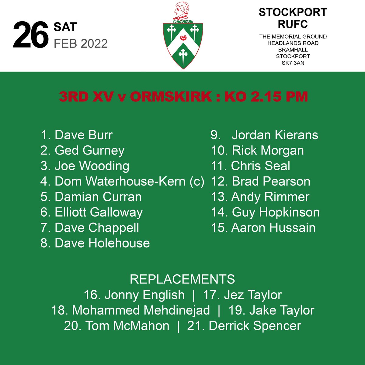 Stockport Rugby Club (@stockportrugby) on Twitter photo 📆 Sat 26 Feb 2022
📍 Stockport Rugby Club
⏰ KO 2:15
🏉 1ST XV v <a href="/WaterlooRugby/">Firwood Waterloo RFC</a>
🏆 3RD XV v <a href="/OrmskirkRugby/">Ormskirk Rugby</a> (semi-final)
-
Two home games this weekend for the men's senior teams.
See you pitchside.
-
#stockportrugby JOIN US 📆 Sat 26 Feb 2022
📍 Stockport Rugby Club
⏰ KO 2:15
🏉 1ST XV v <a href="/WaterlooRugby/">Firwood Waterloo RFC</a>
🏆 3RD XV v <a href="/OrmskirkRugby/">Ormskirk Rugby</a> (semi-final)
-
Two home games this weekend for the men's senior teams.
See you pitchside.
-
#stockportrugby JOIN US