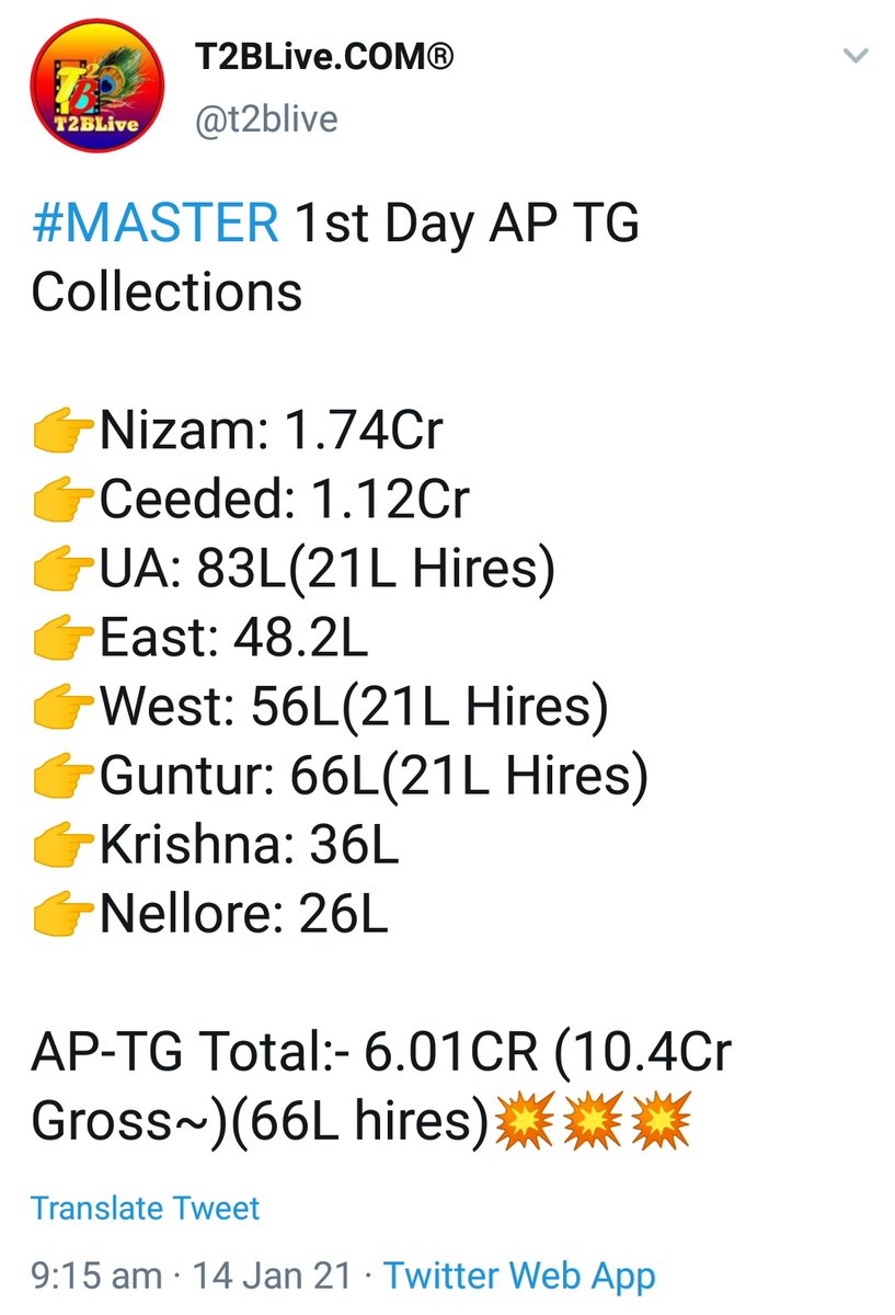 anand_offl1994's tweet photo. #MASSter Day1 AP Tel - 6.01Cr Nett
(Clashed with 3 Telugu Films +50% Occ)
#Valimai Day 1 AP Tel Collections - 85L Nett
(Solo Release)
#Vijay𓃵 https://t.co/C3DQQuttgU