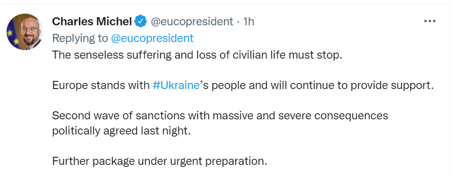 KJPiorkowska's tweet photo. OK - so the @eucopresident mentions "Further package under urgent preparation".
Question - is this going to restrict the delivery of 'essential goods' like Q-tips to Russian oligarchs?
Or is it going to - finally, #CancelSwift for Russia? Seize the oligarchs yachts? https://t.co/YiIxx4AxJ1