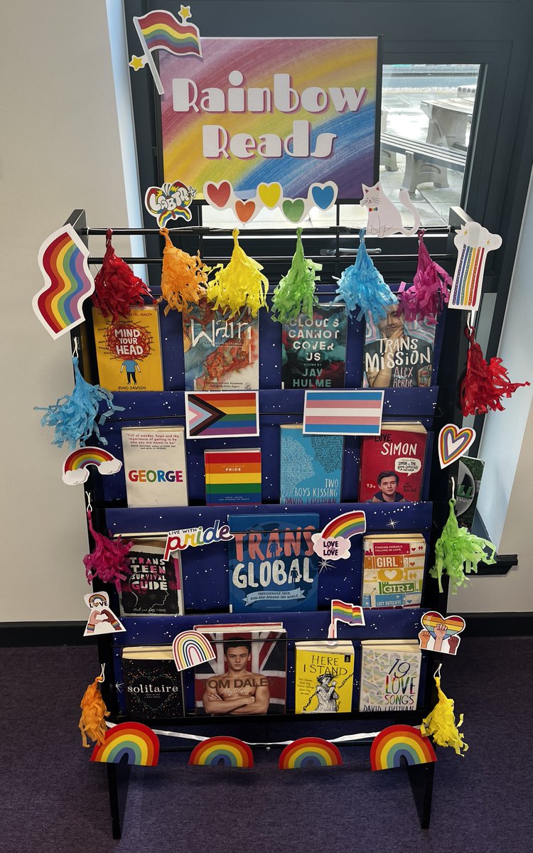 inverurielrc's tweet photo. We’re celebrating #PurpleFriday in the library with our shiny new #LGBTQ book display 💜 #LGBTHM22  @LGBTYS 🏳️‍🌈 🏳️‍⚧️ https://t.co/zxbhGXT2k5