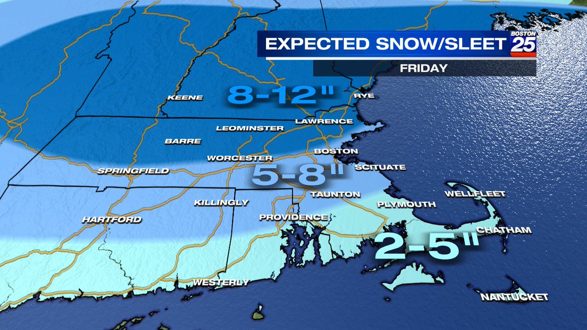 ShiriSpear's tweet photo. Good Friday morning!  Just a slight tweak to our #snowmap to keep that 8-12" north of the Mass Pike.  Turn on @boston25 as I track the heaviest snow over the next several hours. https://t.co/EDZhekuZfS