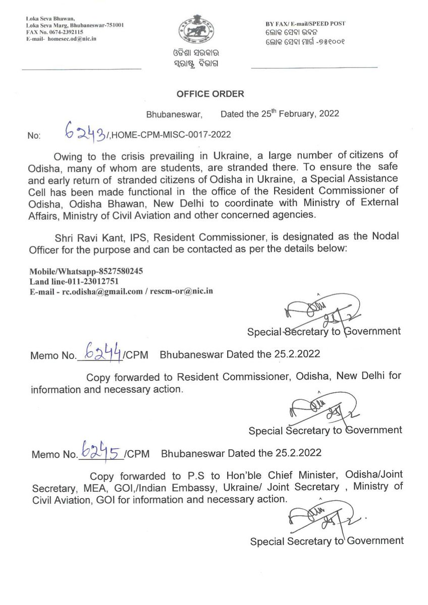 Shri Ravi Kant,IPS, Resident Commissioner of Odisha, New Delhi has been designated as Nodal Officer for safe and early return of stranded citizens of #Odisha in #Ukraine. Contact Details, Mobile/WhatsApp:8527580245 Landline:011-23012751 Email: rc.odisha@gmail.com/ rescm-or@nic.in