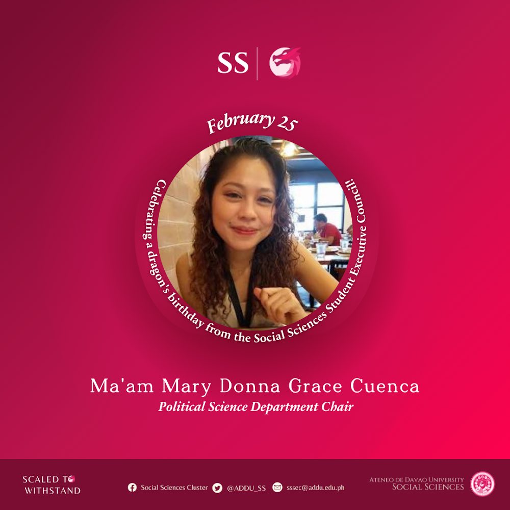 ADDU_SS's tweet photo. Another day, another reason to celebrate!
The SS SEC wishes the Political Science and History Department Chair Maβam Donna Grace Cuenca a Happy Birthday. We sincerely thank you for your guidance and may you continue to instill Magis in everyone that you meet!
#ScaledToWithstand https://t.co/F6Ywi8hhbX