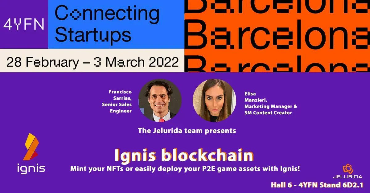 Jelurida is one of the 500+ exhibitors from all over the world participating at the #4YFN22 Conference during the #MWC22 in Barcelona! 🚀 
📅 Mon, Feb 28 - Thu, March 3, 2022

Come and visit us! 
📍 Hall 6 - 4YFN Stand 6D2.1
<a href="/4YFN_MWC/">4YFN</a> <a href="/MWCHub/">MWC</a> #Ignis #blockchain #crypto