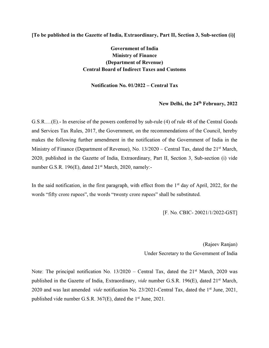 RmraAssociates's tweet photo. E-invoice mandatory under GST with effect from 1st April, 2022 for registered persons having an aggregate turnover above Rs. 20 crore in any of the previous years from 2017-18 till 2021-22.

#GST #Taxupdate #Einvoice #RMRA https://t.co/OTEMnZx3bh