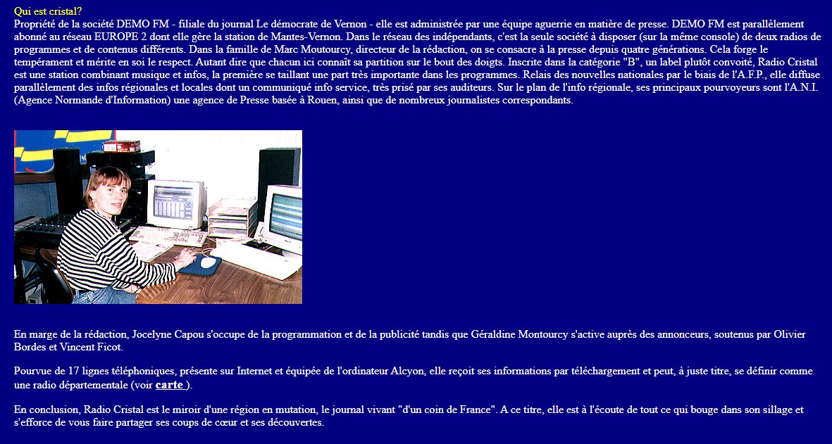 #CollectorduVendredi
Hommage à <a href="/CristalRadio/">Radio CRISTAL</a> qui vit ses dernières heures avant de devenir <a href="/SweetFmRadio/">Sweet FM</a> lundi.
Voici une présentation de Cristal en 2001 (20 ans déjà !) extrait du site web de l'époque, lorsque la radio n'était pas encore reprise par Ouest France/Hit West
(1/3)