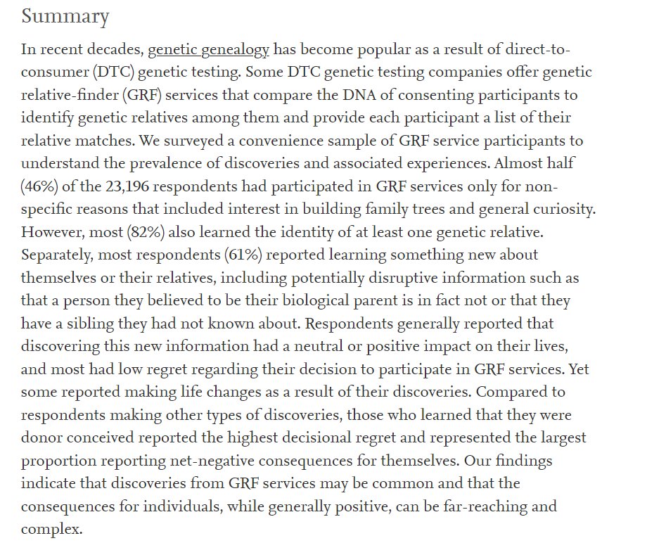 An important new paper "Family secrets: Experiences and outcomes of participating in direct-to-consumer genetic relative-finder services". Authors include <a href="/ChristiGuerrin1/">Christi Guerrini</a> and @GCBrianne  bcm.edu/news/family-se… (£) #GeneticGenealogy #DonorConception #FamilySecrets