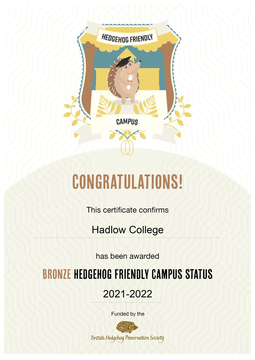 Hadlow College students and staff took part in the 2021 Hedgehog Friendly Campus (HFC) scheme run by the British Hedgehog Preservation Society and are thrilled to report they have won the HFC Bronze Award. 🎉
Click here to read the full story 👀- buff.ly/3HduFmd