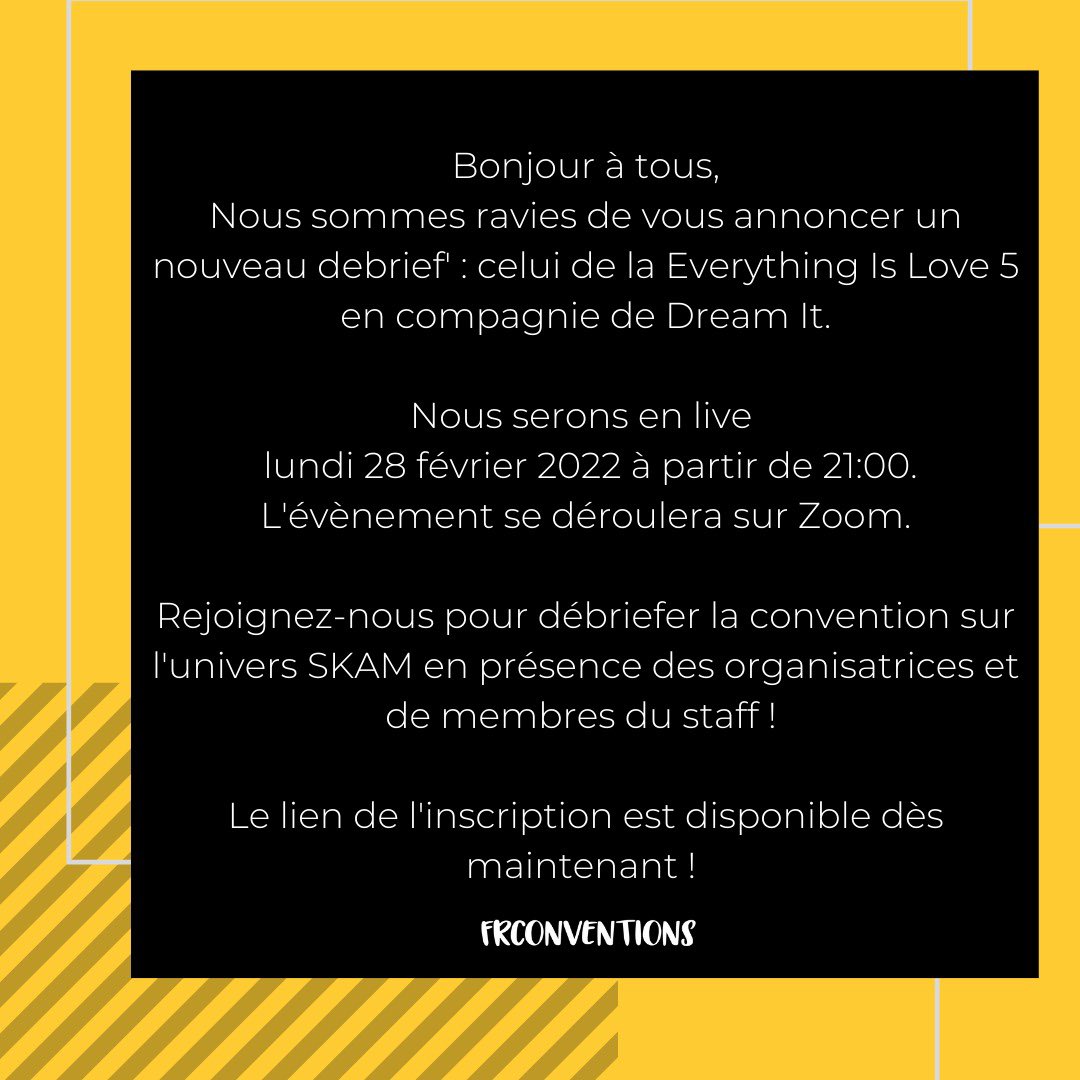 FrConventions's tweet photo. Rendez-vous lundi 28 février à 21h00 pour parler de la dernière convention #SKAM organisée par @DreamitCon 💛 #EIL5 

👉 Inscriptions : https://t.co/O4qAMfHzLM https://t.co/LGhwvfCBop