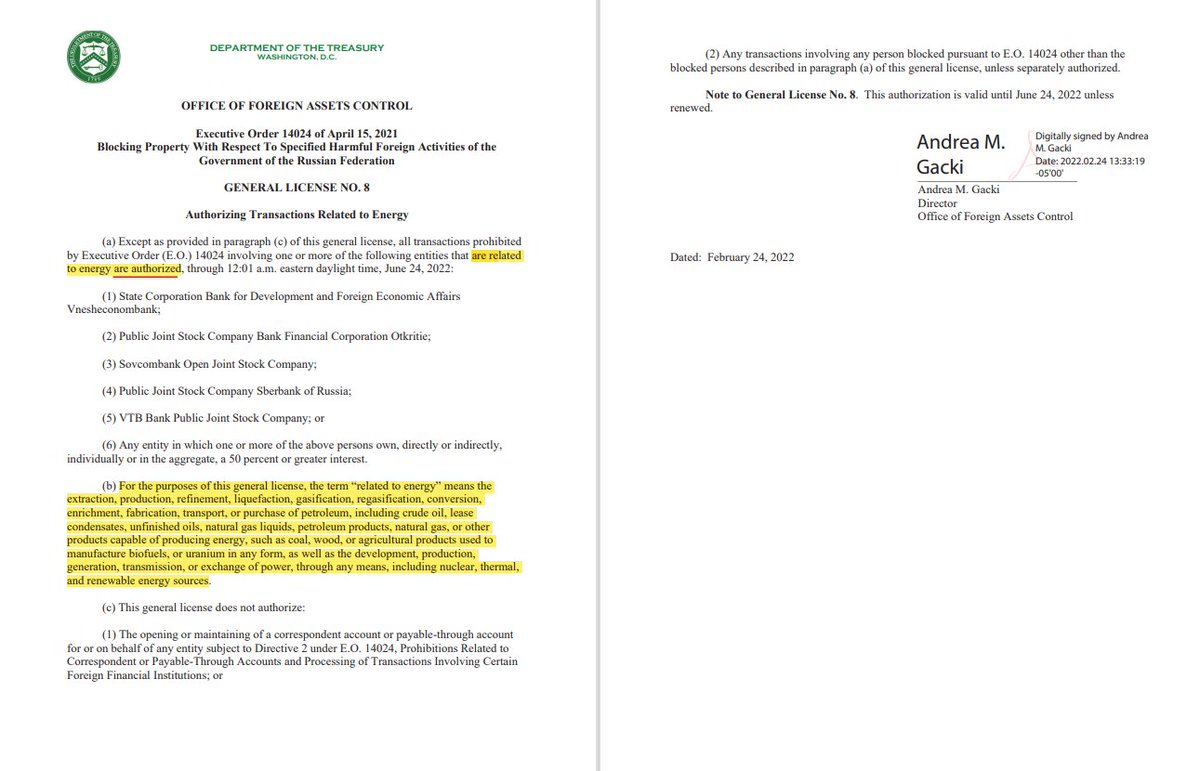 FULL DOCUMENT: This is the general license that US Treasury has issued exempting any "energy" related dealings from the sanctions imposed on some of the biggest Russian banks. It's so wide ranging that even includes "wood" as a form of energy exempted | #Ukraine #OOTT