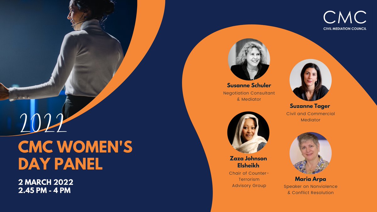 The CMC is hosting a panel for the #InternationalWomensDay. Join host <a href="/MiaFP1/">Mia Forbes Pirie</a> and her fantastic speakers Maria Arpa, Zaza Johnson Elsheikh, <a href="/susanneschuler/">Susanne Schuler</a> and Suzanne Tager for the free #onlineevent. civilmediation.org/womens-day-pan… #WomenInMediation #womensday2022