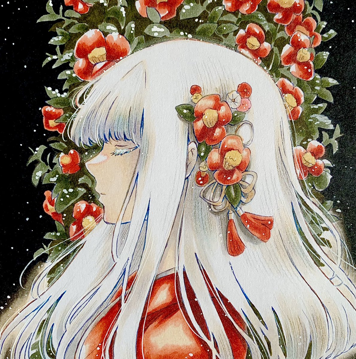 1girl solo white hair closed eyes flower long hair black background  illustration images