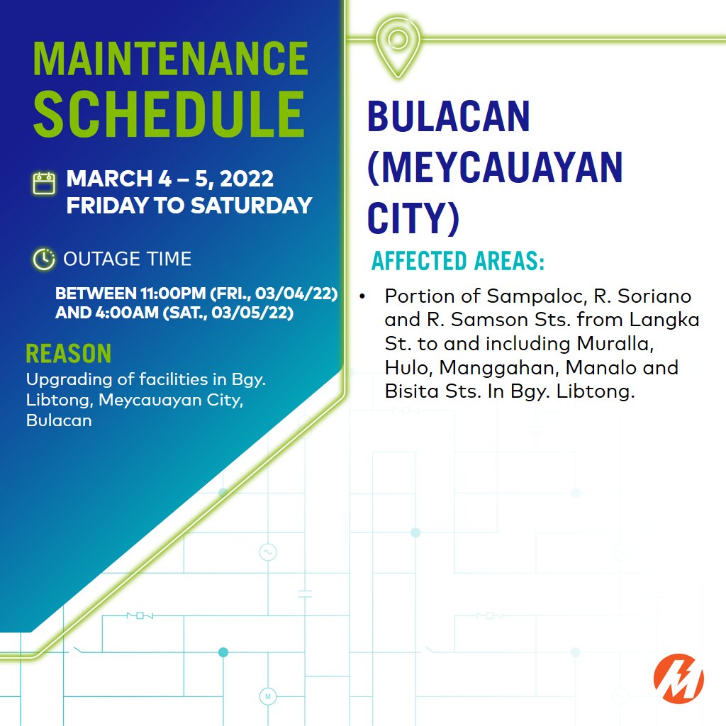 meralco's tweet photo. ADVISORY: May scheduled power interruptions sa ilang areas sa Bulacan sa March 4 - 5, 2022. More: https://t.co/4jMvKoOVez https://t.co/mVhbpMpq1i