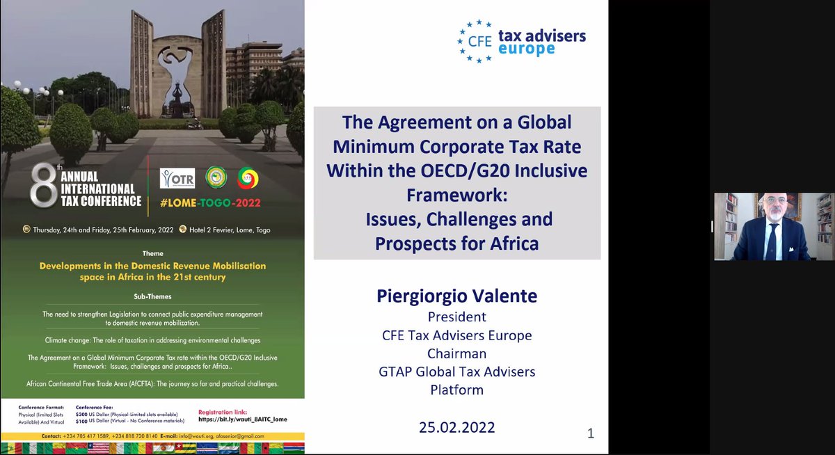 CFE President, Piergiorgio Valente <a href="/Valentepg/">Piergiorgio Valente</a>, was pleased to speak at WAUTI's 8th Annual International Tax Conference this morning, discussing the OECD minimum corporate tax rate agreement and its implications for Africa.