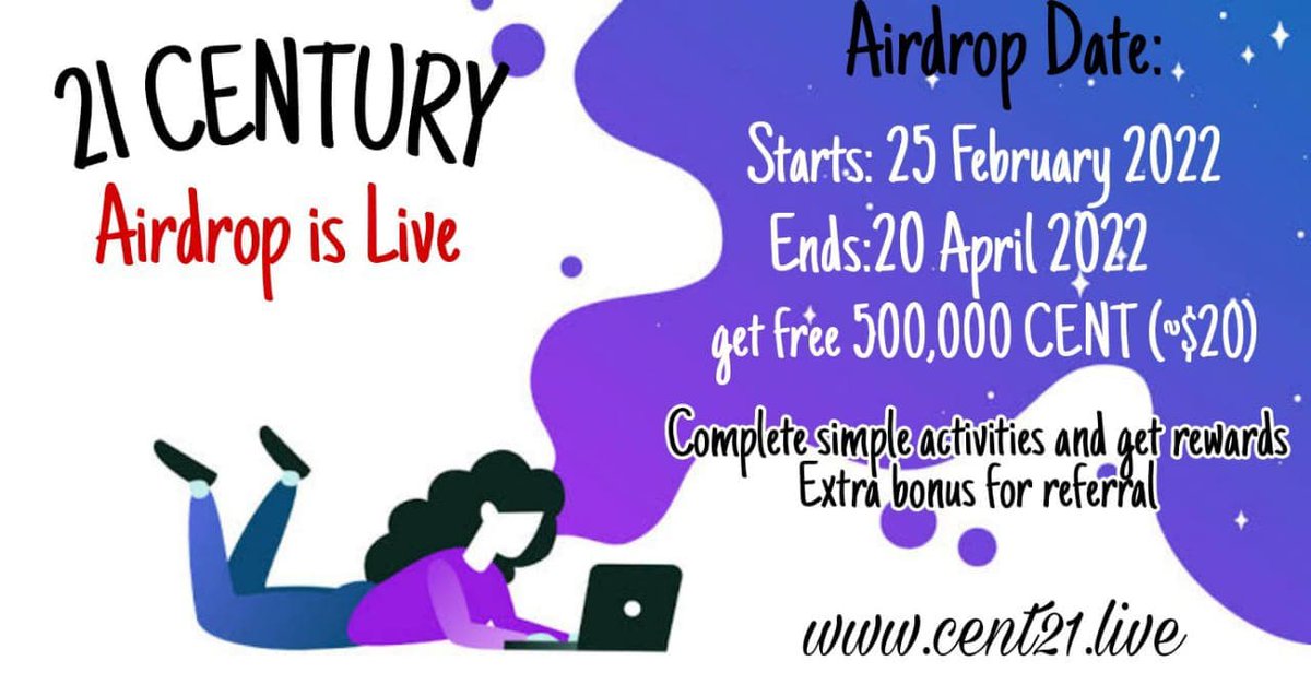 AirdropKingNews's tweet photo. New Airdrop: 21th Century Coin
Reward: 500,000 CENT tokens
Distribution date:  20 April 2022

🔗Airdrop Link: https://t.co/33gQ7ejbCF

- Complete all tasks of the airdrop
- Submit your BSC wallet address
- The airdrop for all participants

- Per referrals get 250,000 CENT tokens https://t.co/F5Em5qftkY