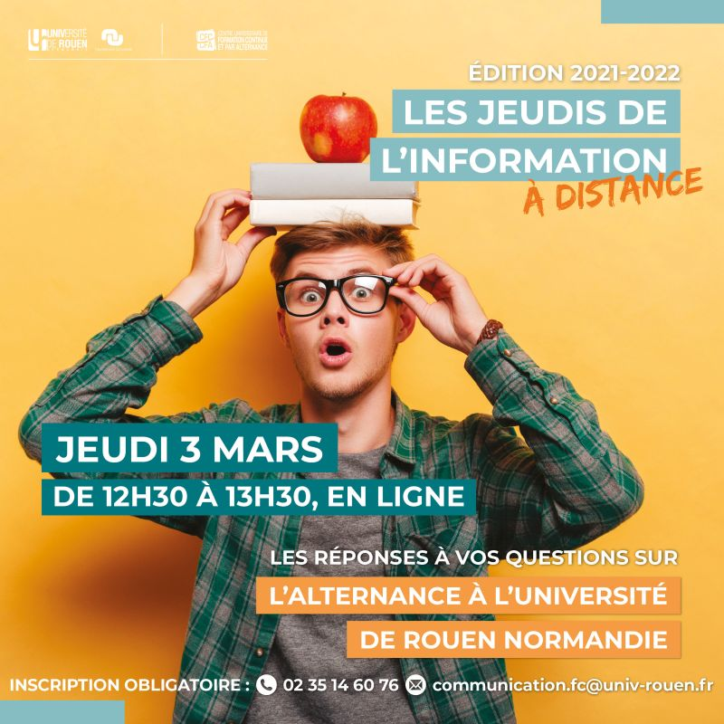 benberton's tweet image. Jeudi 3 mars 2022, de 12h30 à 13h30, le sujet de la réunion sera l'#Alternance à l'@univrouen !

Plus de 70 formations sont réalisables en alternance, jusqu'au Bac +5 et dans de nombreux domaines.

Plus d'informations sur l'événement : lnkd.in/dmTRM2Y #APPRENTISSAGE