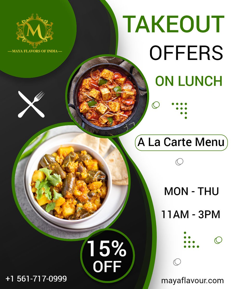 MayaFlavors's tweet photo. TAKEOUT OFFERS!!
LUNCH - à la carte menu
https://t.co/FznMB3I4NG
Call to Order: +1 561-717-0999
#MayaFlavorofIndia #lunch  #instagood #veganfood #takeout #Restaurant   #mayaboca  #foodblogger #foodphotography   #food #BocaRatonrestaurant  #lunch #tasty https://t.co/hQQIuxxbEU