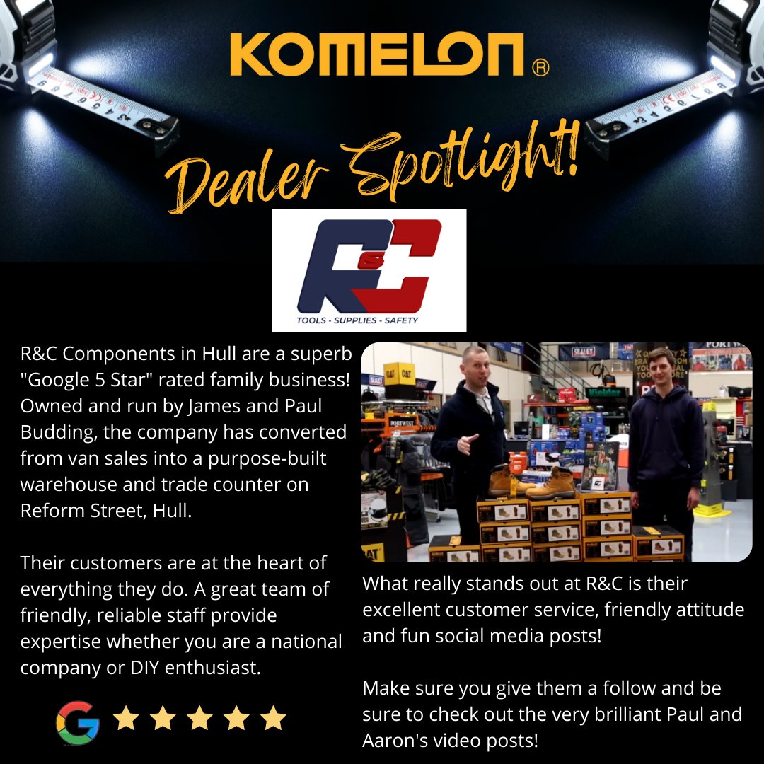 Our Dealer Spotlight this week falls on <a href="/rctoolshull/">R&C Components</a>  5 star rated family business, a great team &amp; some brilliant social media videos! Paul &amp; Aaron ..we see you! ⭐️⭐️⭐️⭐️⭐️
#komelon #rchull #dealerspotlight #tapemeasure #led #light #superb #trades #tools #constructionuk #5star