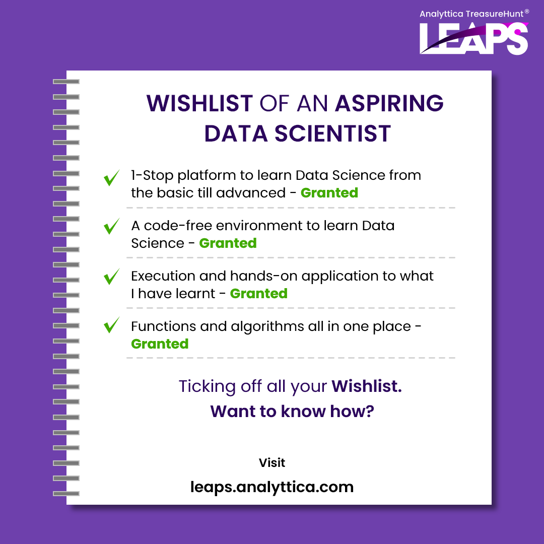 Analyttica's tweet photo. LEAPS has been designed with the aim to fulfill all your wishes for upskilling in Data Science &amp; ML, thereby making your journey completely experiential. Register Now👉https://t.co/wl5t2wxKZJ

#datascience #machinelearning #analytics #upskilling https://t.co/qFAUxOX3hu