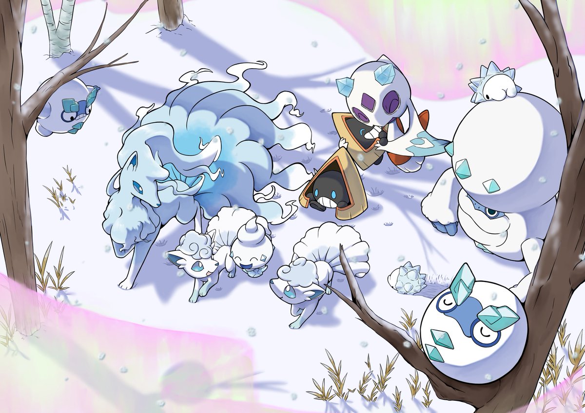 pokemon (creature) no humans snow outdoors tree day closed eyes  illustration images