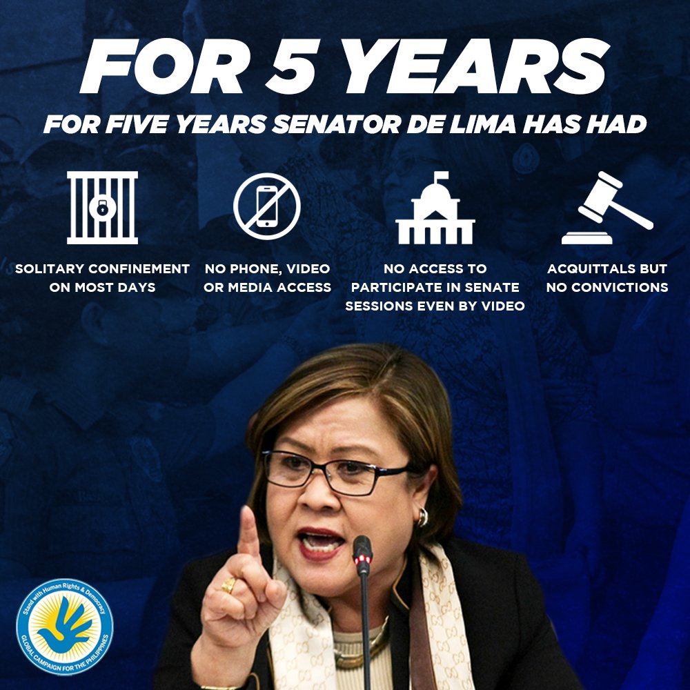 stand_global's tweet photo. From solitary confinement, no media access, and no Senate participation, the Duterte admin resumes to mistreat Senator Leila de Lima despite having acquittals and no convictions. https://t.co/w6SYntDPqF