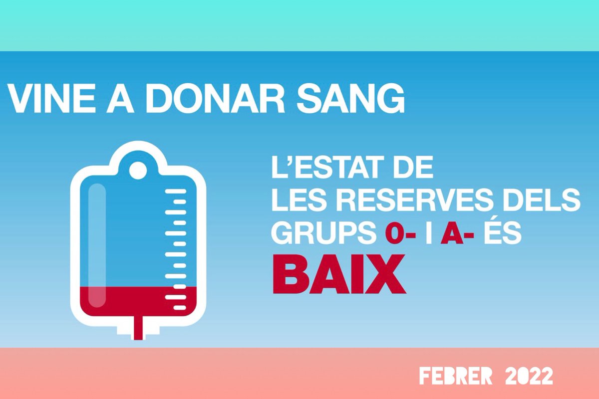 ❗️Les necessitats de sang als hospitals són molt elevades, i cal rebre més donacions de sang, especialment dels grups A- i 0-.

• Siguis del grup que siguis, però especialment si ets d’un d’aquests dos, reserves cita i ens veiem aviat? 

👉🏽 donarsang.gencat.cat