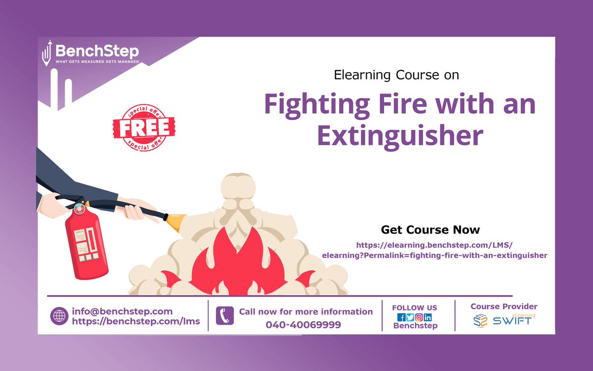 BenchStep's tweet image. Learn to kill fire before it kills you.
Enroll in our "Fighting Fire with an Extinguisher" for free
Click on the link to get started:
elearning.benchstep.com/LMS/elearning...
.
.
.
#LMS #onlinecourses #courses #elearning
#learning #BenchStep #learningmanagementsystem #firesafety #fightingfire
