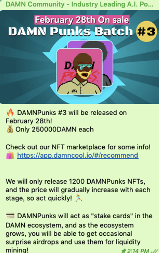 🔥 DAMNPunks #3 will be released on February 28th!
💰Only 250000DAMN each
Check out our NFT marketplace for some info!
🛍️ app.damncool.io/#/recommend
We will only release 1200 DAMNPunks NFTs, and the price will gradually increase with each stage, so act quickly! 🏃‍♀️