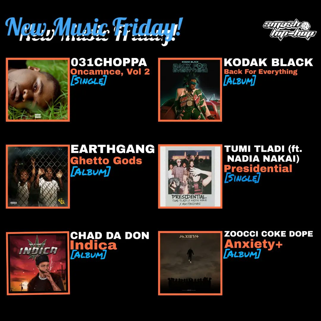 SmashHipHop's tweet photo. Update Your 🅿️laylist With New Music♨️🔥 From @031Choppa, @EarthGang, @ChadDaDon, @KodakBlack1k, @Tumitladi & @Zoocci_CokeDope #goatlevel🐐💯 https://t.co/5ZfFMTct7o