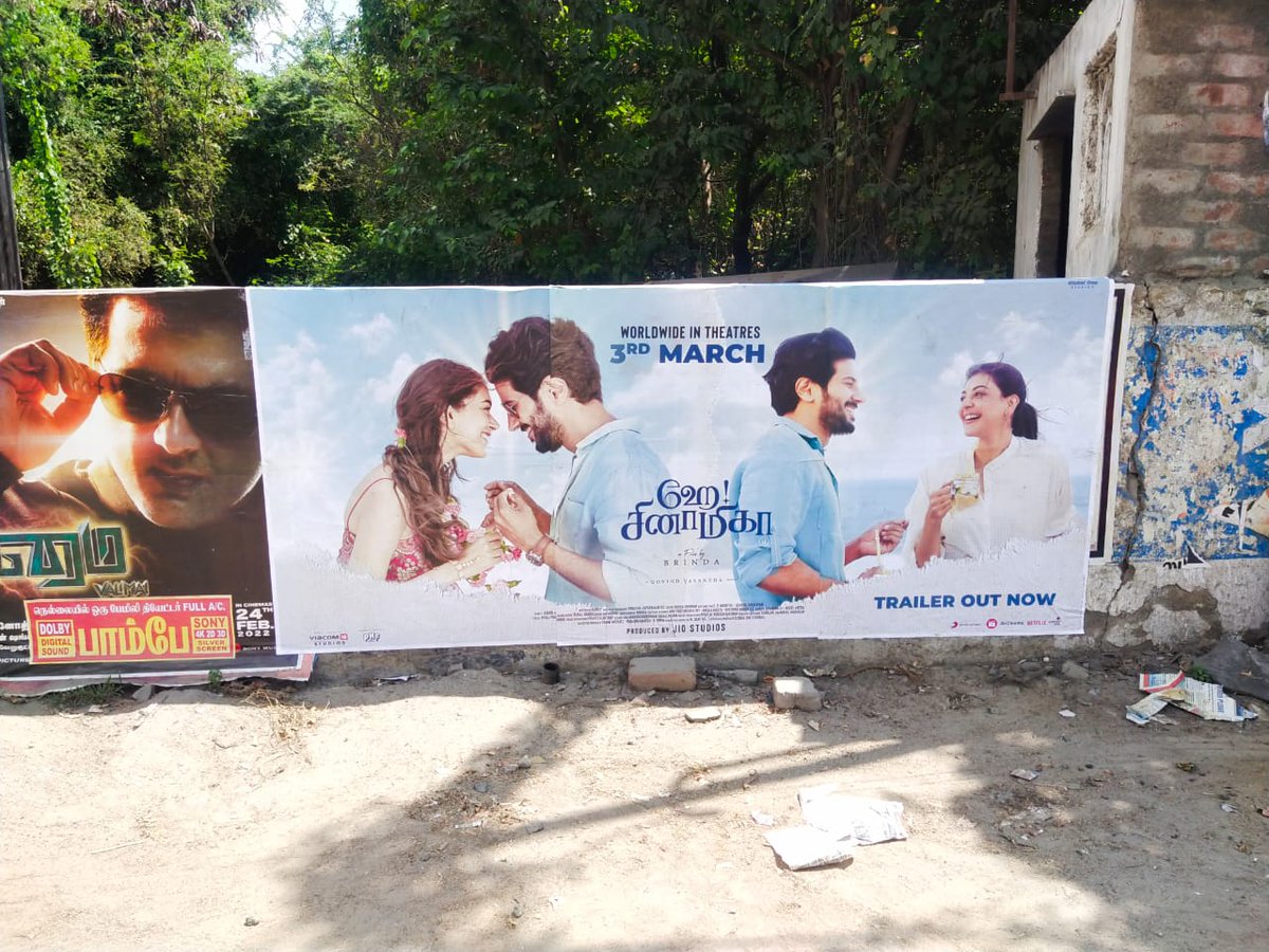 OfficialDulquer's tweet photo. #HeySinamika Promotions in full swing😍 wall posters placed in TN ❤️ @BrindhaGopal1 @dulQuer #DulquerSalmaan #KajalAggarwal @aditiraohydari https://t.co/zhBWMXHVjB
